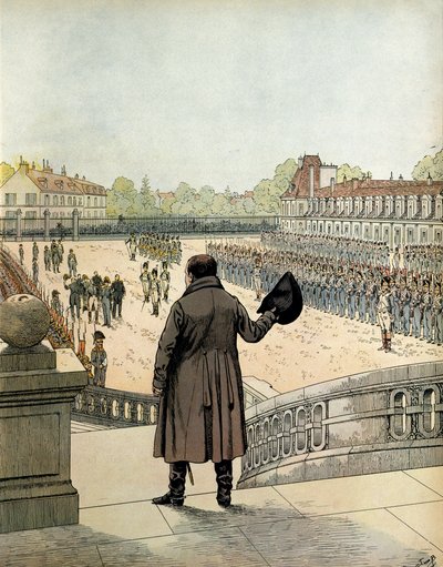 Farväl av Napoleon I Bonaparte (1769-1821) på innergården till Cheval Blanc i Fontainebleau den 20 april av pseudonym for Onfray de Breville Jacques Job