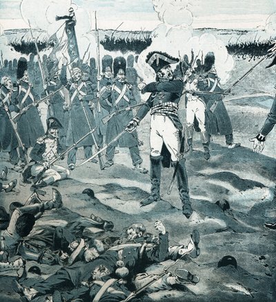 Vakten dog men svarade inte på general Cambronne (1770-1842) som befallde den sista torget i Garde medan fienden bad den franska armén att kapitulera till slaget vid Waterloo den 18 juni 1815. Illustration av Job (Jacques Marie Gaston Onfray och Brevi) av pseudonym for Onfray de Breville Jacques Job