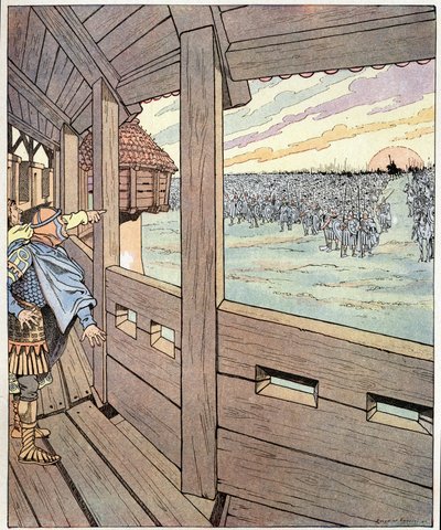 Järnmannen, det här är Karl den Store. Oggers ord till kungen av langobarderna Didier när han träffade kung Karl den Store eller Karl I den store (742-814) från toppen av Pavias murar 774. Illustration av Job (Jacques Marie Gaston Onfray och Breville av pseudonym for Onfray de Breville Jacques Job