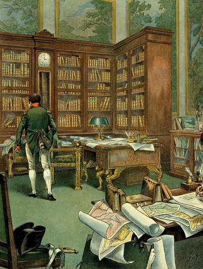 Arbetarkabinett av Napoleon I Bonaparte (1769-1821) på första våningen i Palais des Tuileries medan han var förste konsul. Skrivbord med bibliotek och klocka byggd i trä. Illustration av Jacques Marie Gaston Onfray de Breville dit JOB (1858-1931). Privat C av pseudonym for Onfray de Breville Jacques Job