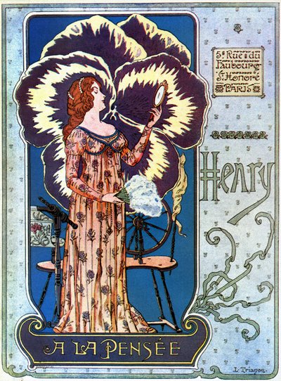 Art Nouveau: reklamaffisch för kosmetikabutiken "Henry a la Thought" i Paris. En ung kvinna beundrar sig själv i en spegel, bakom henne en tankeblomma. Illustration av L. Trianon av pseudonym of Trinquier Louis Trinquier Trianon