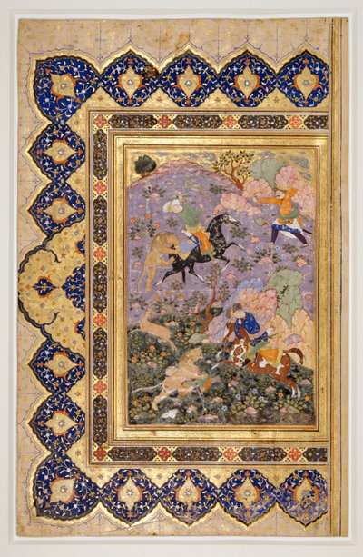 Jakt på vilda djur, ca 1540 (bläck, gouache och guld) av School Iranian
