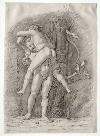 Hercules och Antaeus av school of Andrea Mantegna