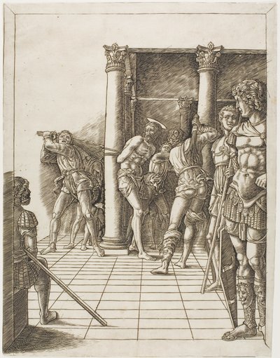 Kristi flagellation, med trottoaren av school of Andrea Mantegna
