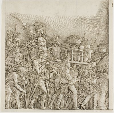 Triumf av Caesar: Soldater som bär troféer av school of Andrea Mantegna