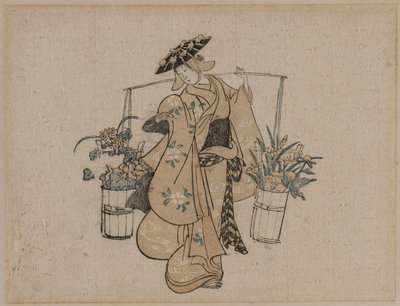 En skönhet som bär två hinkar med blommor av style of Torii Kiyomasu