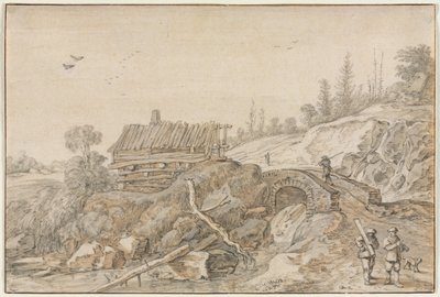 Kuperat landskap med koja bredvid en bäck, 1627. av van de Velde Esaias