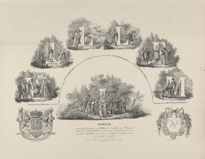 Allegori om kung William I:s dygder, 1831 William I:s förste konstitutionella kung av Holland, återställare av vår nationella frihet och oberoende (...) (titel på objektet) av van der Meulen