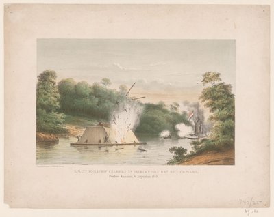 Z.M. Steamship Celebes i strid med en kotta-mara. Poeloe Kanamit, 6 augusti 1859 (titel på objekt) av weduwe Elias Spanier and Zn