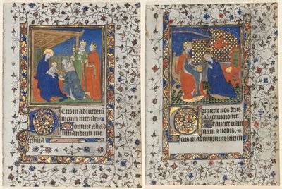 Bifolio från a Book of Hours: Adoration of the Magi och Coronation of the Virgin av workshop of Boucicaut Master