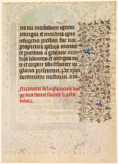 Blad från en timbok: Text (verso) av workshop of Boucicaut Master