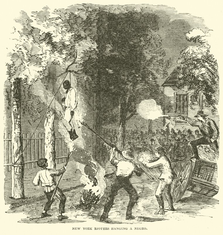 New York-upprorsmakare som hänger en svart person, juli 1863 (gravyr) av (after) American School