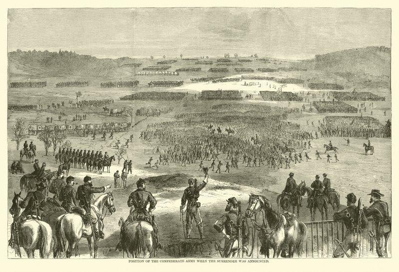 Den konfedererade arméns position när kapitulationen tillkännagavs, april 1865 (gravyr) av (after) American School