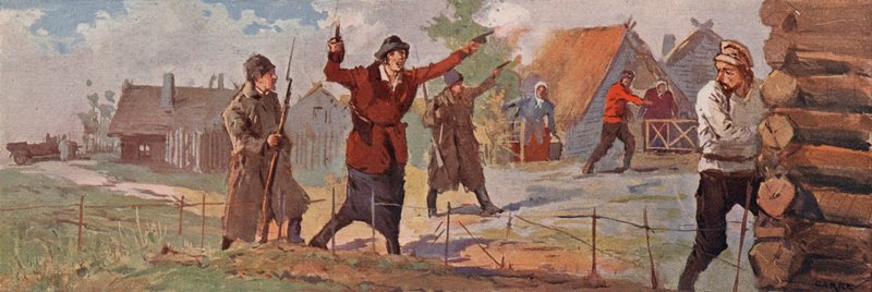 En sovjetisk agronomi-instruktør, der annoncerer sin ankomst til en landsby ved at affyre sin revolver i luften (farve litho) swed av (after) Carrey