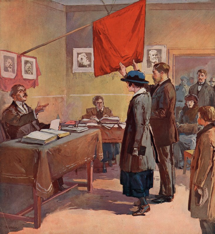 Borgerligt vigsel utfört av en provinskommissarie i Sovjetryssland under den röda flaggans beskydd (färg litho) av (after) Carrey