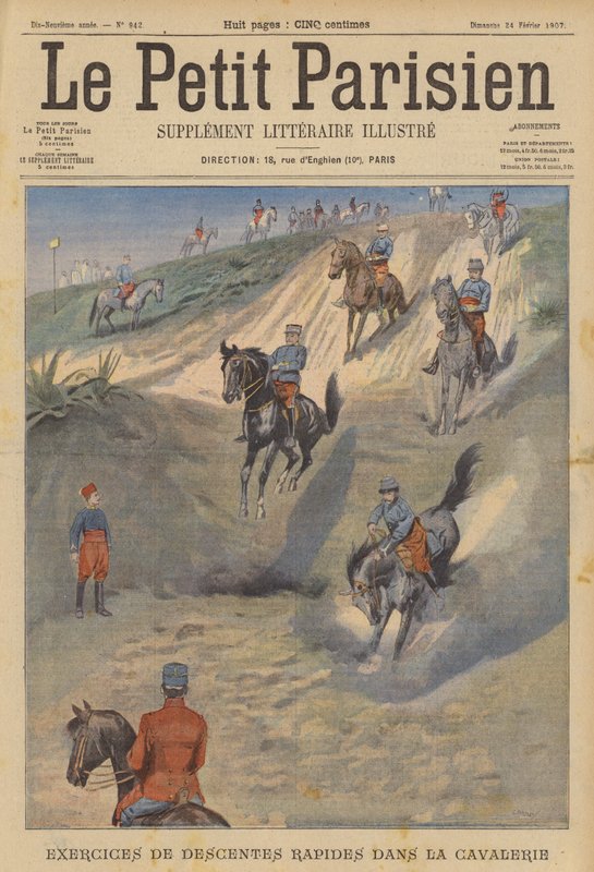Franskt kavalleri övar snabba branta nedförsbackar på hästryggen (färg litho) av (after) Carrey