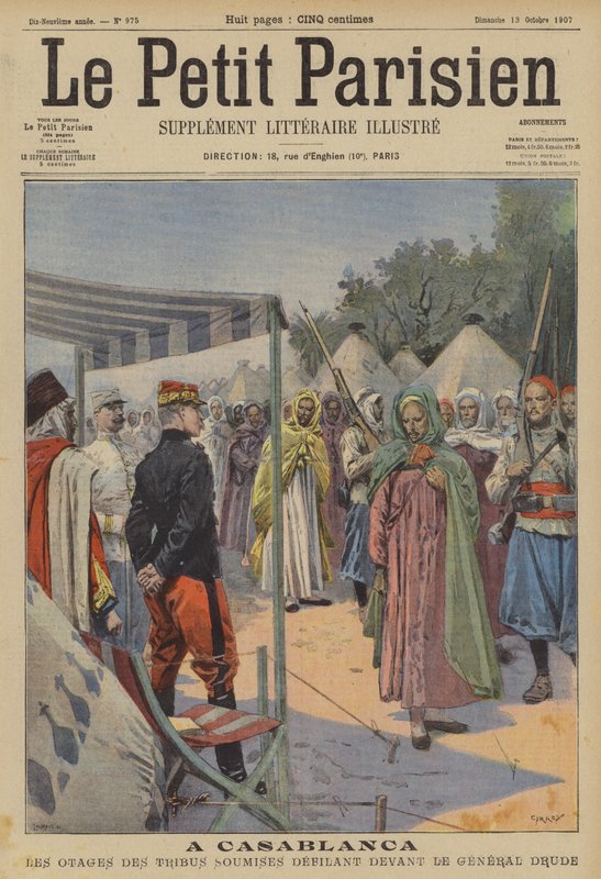 Gisslan från underkuvade marockanska stammar som marscherar förbi General Drude i Casablanca (färg litho) av (after) Carrey