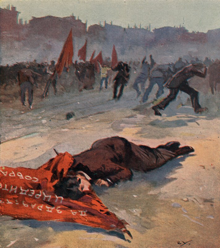 Dödande av en socialistisk revolutionär partiaktivist vid namn Gorbatjovskaja av bolsjevikiska rödgardister under en demonstration, Petrograd, Ryssland av (after) Carrey