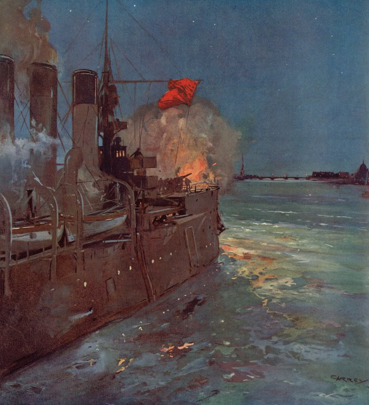 Den ryska kryssaren Aurora avlossar skottet som signalerar stormningen av Vinterpalatset i Petrograd, ryska revolutionen, 25 oktober 1917 (färg litho) av (after) Carrey