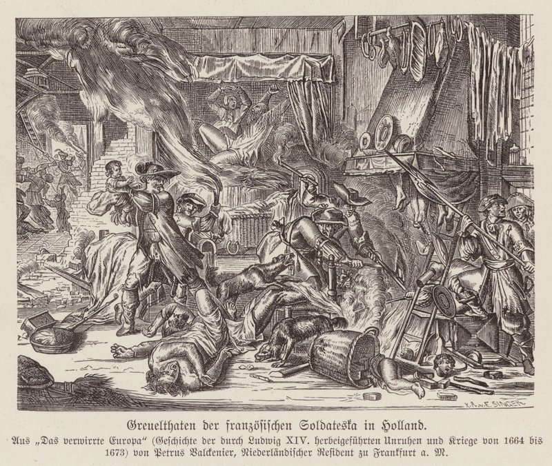 Grymheter begångna av franska trupper i Holland under fransk-holländska kriget (gravyr) av (after) Dutch School