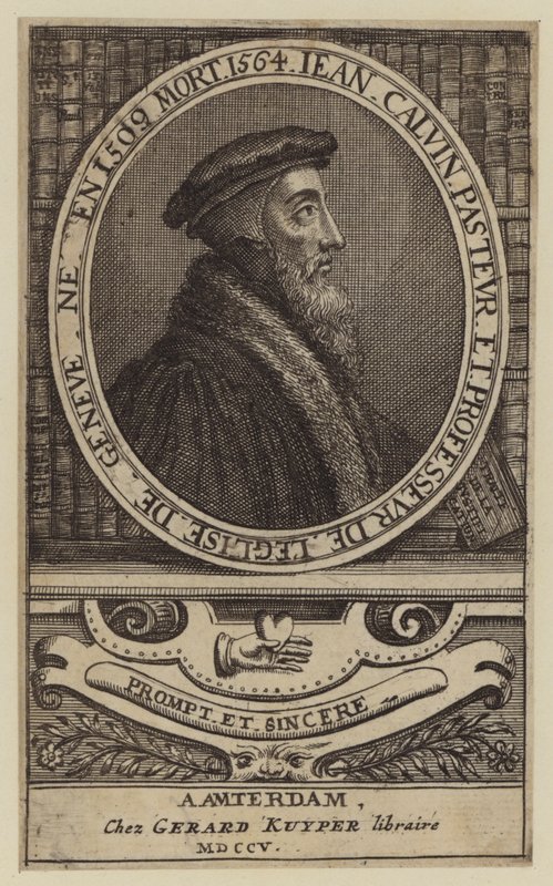 Johannes Calvin, fransk teolog och pastor i den protestantiska reformationen (gravyr) av (after) Dutch School