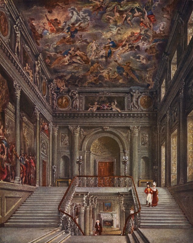 Buckingham Palace: Den målade trappan, Buckingham House (färglitografi) av (after) English School