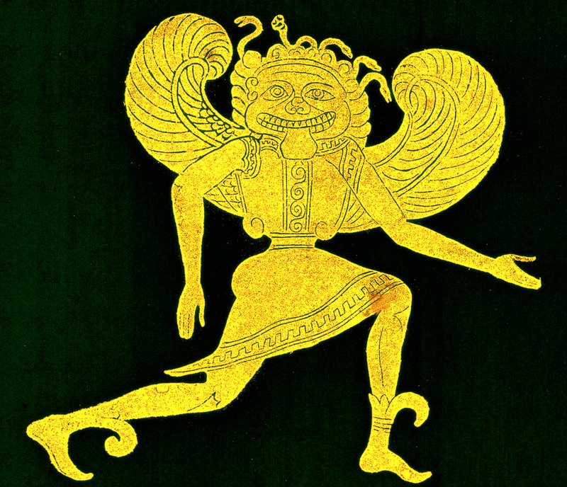 Etruskisk gorgon, från Campana-museet, illustration från "History of Rome" av Victor Duruy, utgiven 1884 (digitalt förbättrad bild) av (after) English School