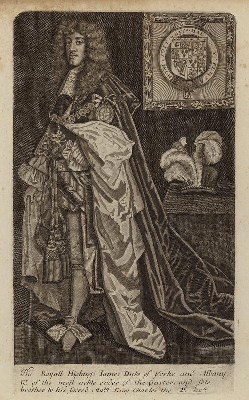 James II och VII, kung av England, Skottland och Irland, när hertigen av York (gravyr) av (after) English School