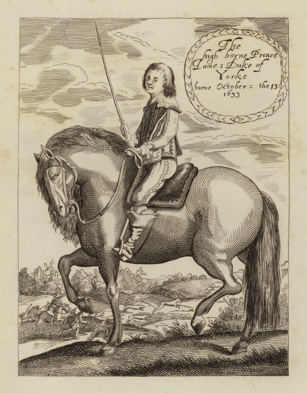 James II och VII, kung av England, Skottland och Irland, när hertigen av York (etsning) av (after) English School
