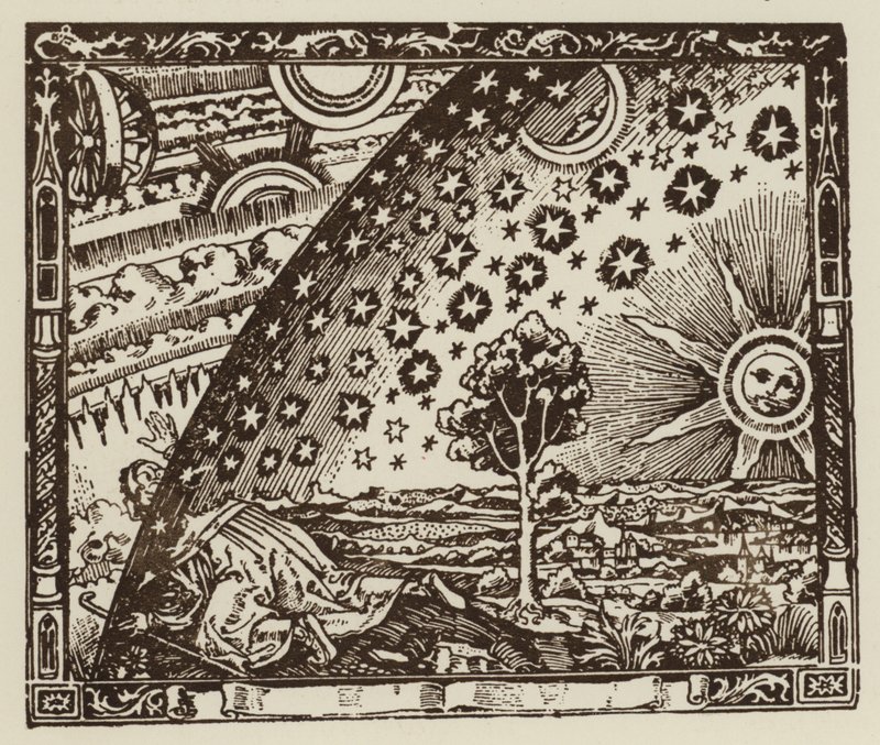 Människan reser till jordens ändar, representation av universum under medeltiden (litho) av (after) English School