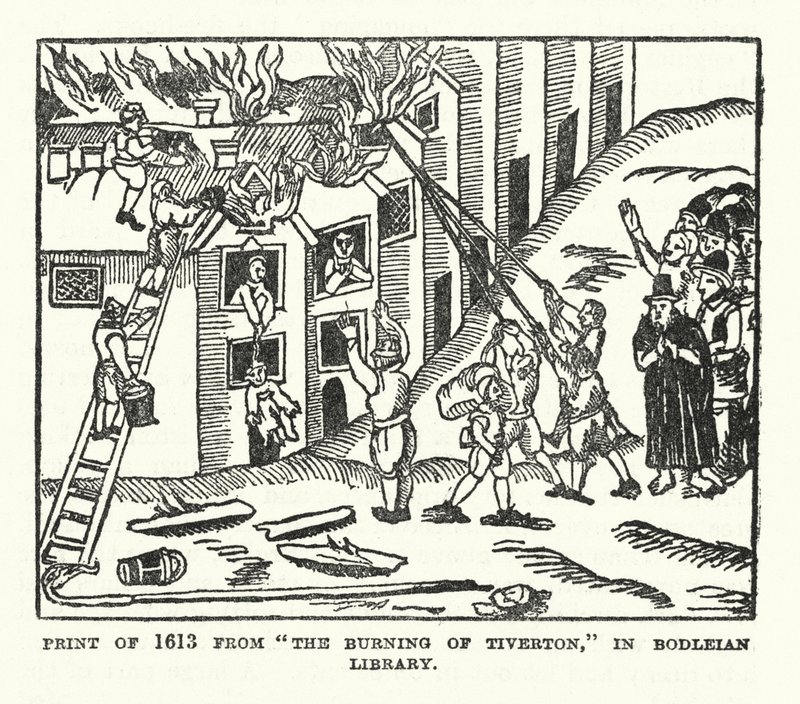 Tryck från 1613 ur "The Burning of Tiverton" i Bodleian Library (litografi) av (after) English School