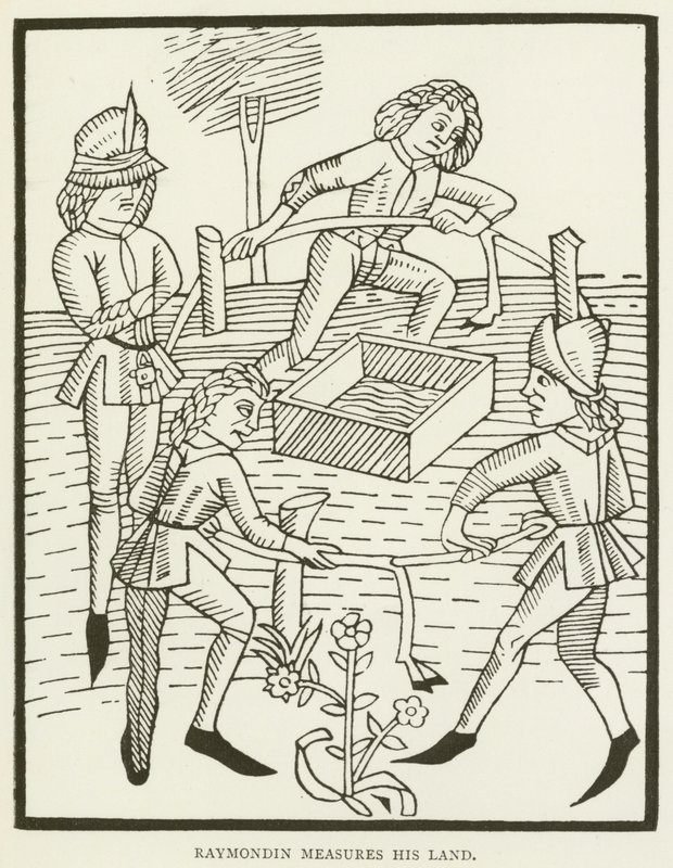 Raymondin mäter sitt land (gravyr) av (after) English School