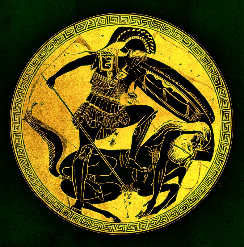 Krigare och kentaur, illustration från "Greek Vase Paintings" av J. E. Harrison och D. S. MacColl, publicerad 1894 (digitalt förbättrad bild) av (after) English School