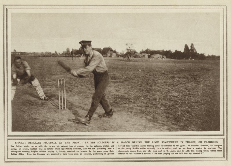 Cricket ersätter fotboll vid fronten, brittiska soldater i en match bakom linjerna någonstans i Frankrike, eller Flandern (s/v foto) av (after) English photographer