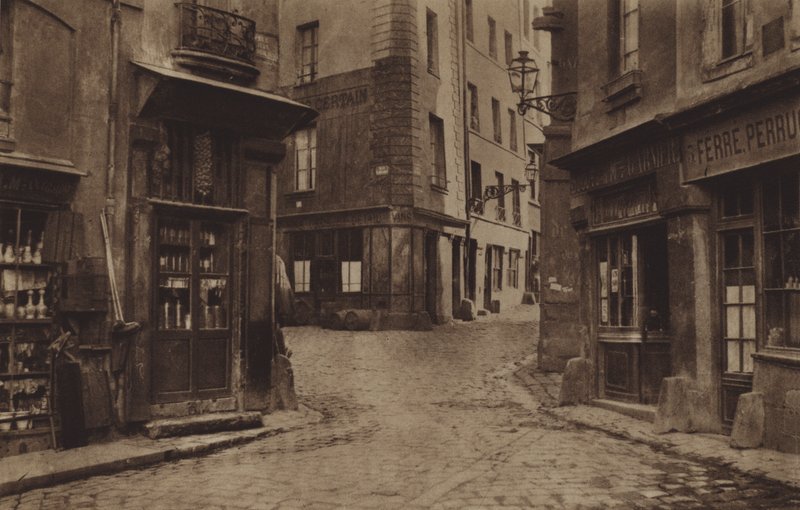Hörnet av rue Fromentel, rue Saint-Hilaire, rue Jean-de-Beauvais och återvändsgränd Charretiere 1866 (s/v foto) av (after) French Photographer