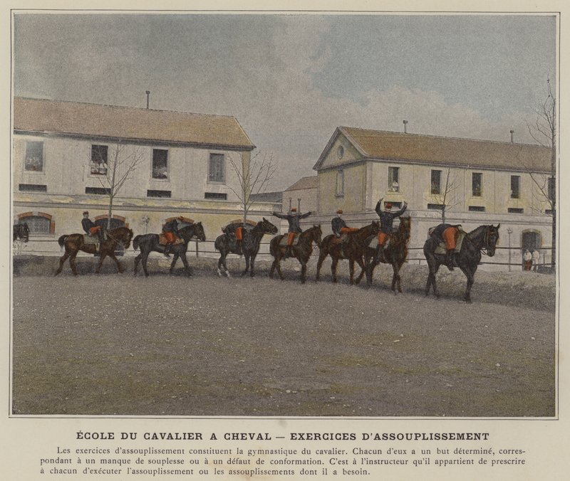 Ryttarens skola till häst, stretchövningar (färgad bild) av (after) French Photographer