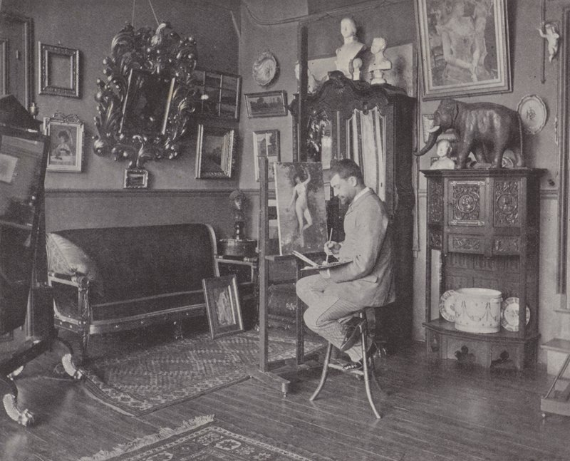 Franske målaren Henri Gervex i sin ateljé (s/v foto) av (after) French Photographer