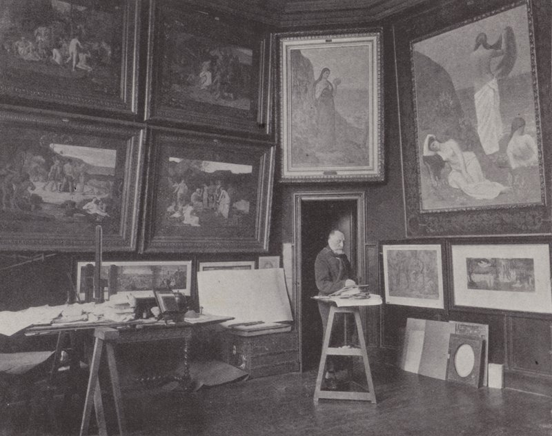 Franske målaren Pierre Puvis de Chavannes i sin ateljé (s/v foto) av (after) French Photographer