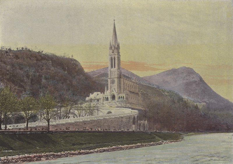 Lourdes, basilikan (färgad bild) av (after) French Photographer