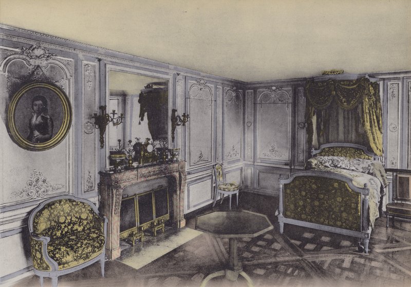 Petit Trianon, Chambre de Marie-Antoinette, Lilla Trianon, Marie-Antoinettes sovrum (färgat foto) av (after) French Photographer