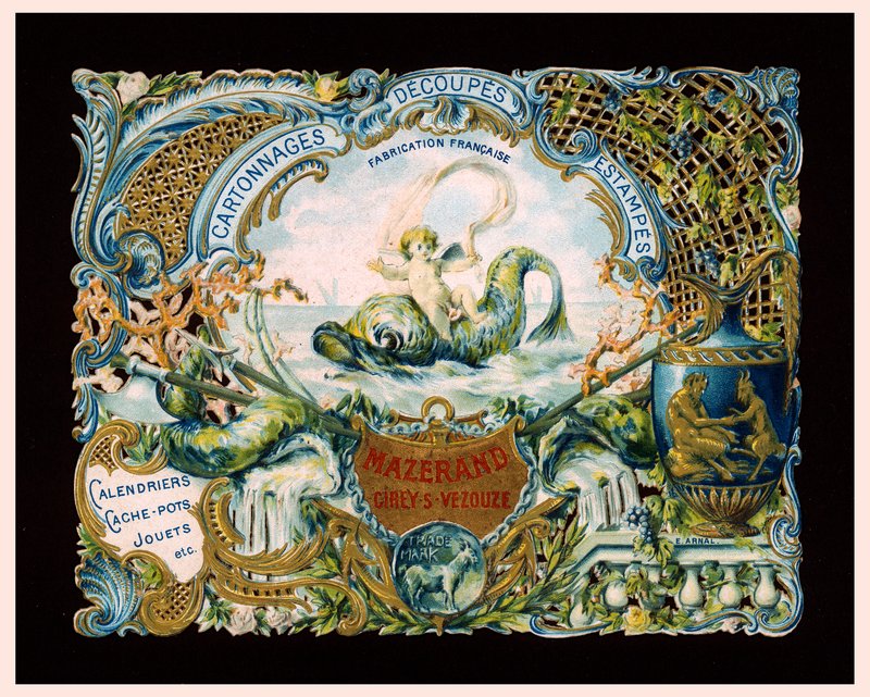 Reklamkort för tryckeriet Mazerand, Cirey-sur-Vezouze, Frankrike (kromolitografi) av (after) French School