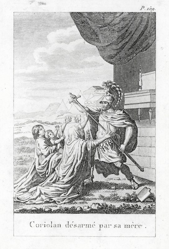 Coriolanus avväpnad av sin mor (gravyr) av (after) French School