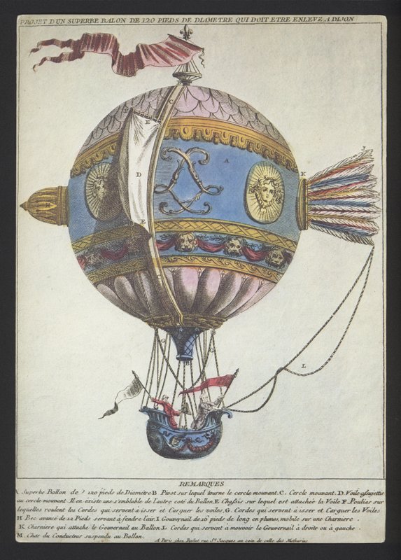 Design för en ballong med en diameter på 120 fot för att göra en uppstigning från Dijon (färgad gravyr) av (after) French School