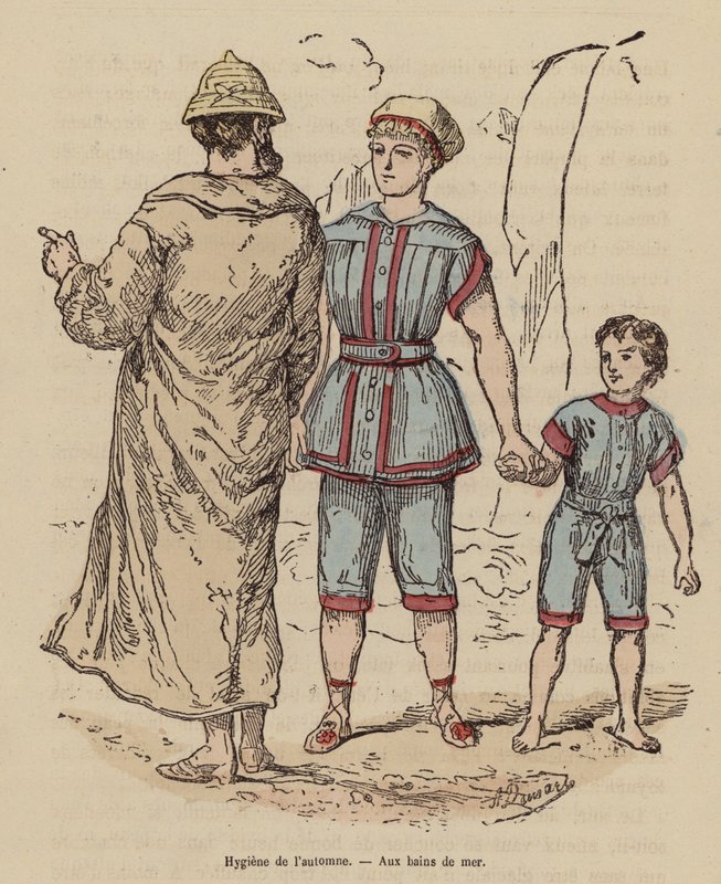Familj vid havet på hösten (kolorerad gravyr) av (after) French School