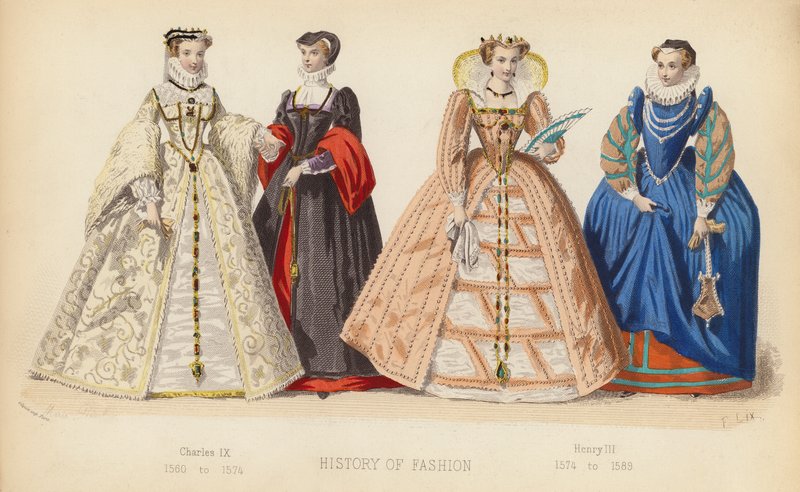 Mode i Frankrike: Karl IX 1560 till 1574; Henrik III 1574 till 1589 (kolorerad gravyr) av (after) French School