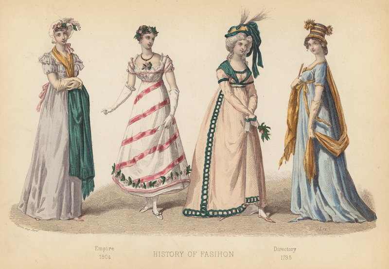 Mode i Frankrike: Empire 1804; Directory 1795 (gravyr i färg) av (after) French School