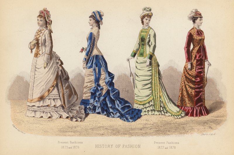 Mode i Frankrike: Present Fashions 1875 and 1876; Present Fashions 1877 and 1878 (gravyr i färg) av (after) French School