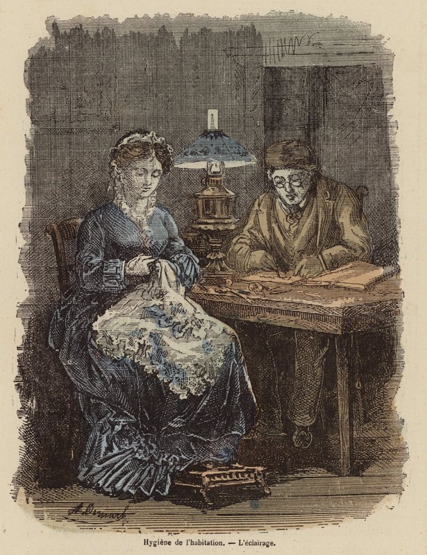Hälsosam belysningsnivå i hemmet (färgad gravyr) av (after) French School