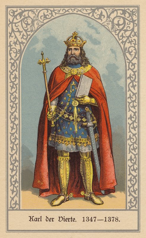Karl IV, kung av Böhmen och Tyskland och tysk-romersk kejsare (färglitografi) av (after) German School