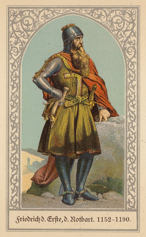 Fredrik Barbarossa, tysk-romersk kejsare (färglitografi) av (after) German School